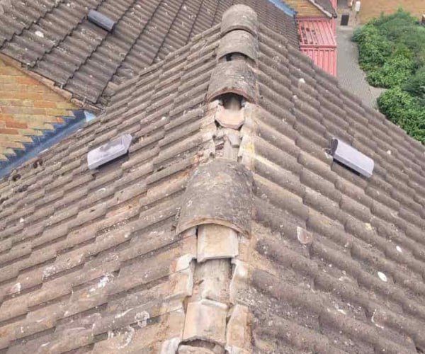 This is a photo if a roof ridge which has missing tiles. The ridge tiles are being replaced by WDF Roofing St Neots